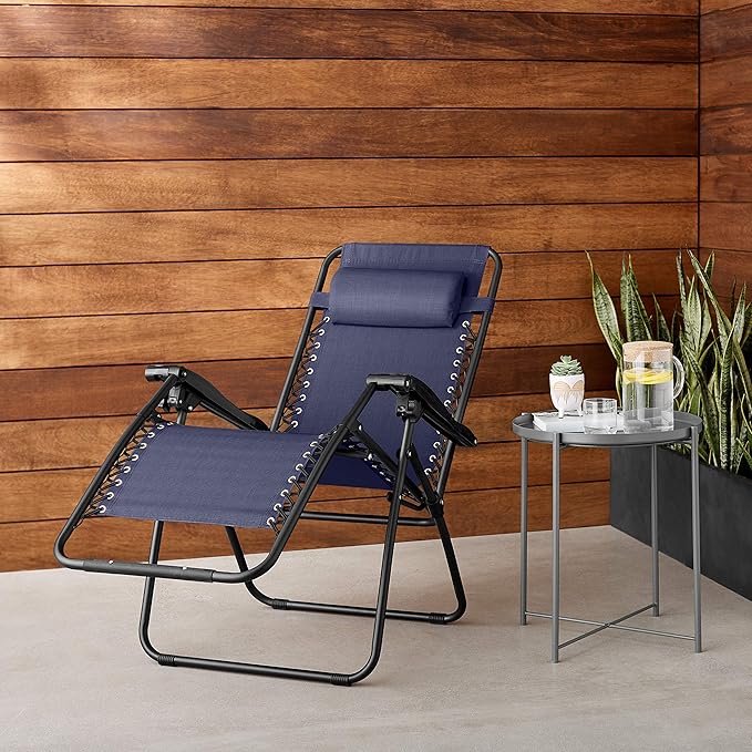 Amazon Basics Outdoor Patio Zero Gravity Lounge Chair with Pillow, Folding Reclining and Textilene Adjustable, Folding Lounge Lawn Chairs for Outside, 26", Blue