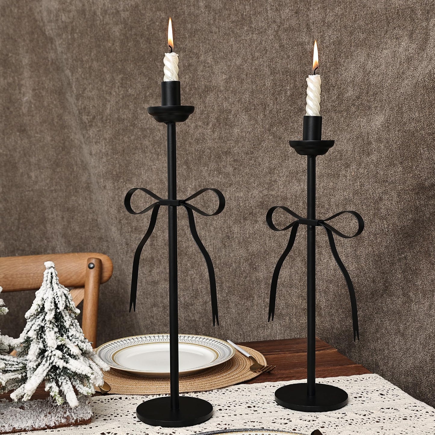 Black Taper Candlestick Holders,Set of 2 Bow Candle Stick Holders,Metal Modern Candle Stands Decorative for Dining Table Centerpiece,Wedding Decor
