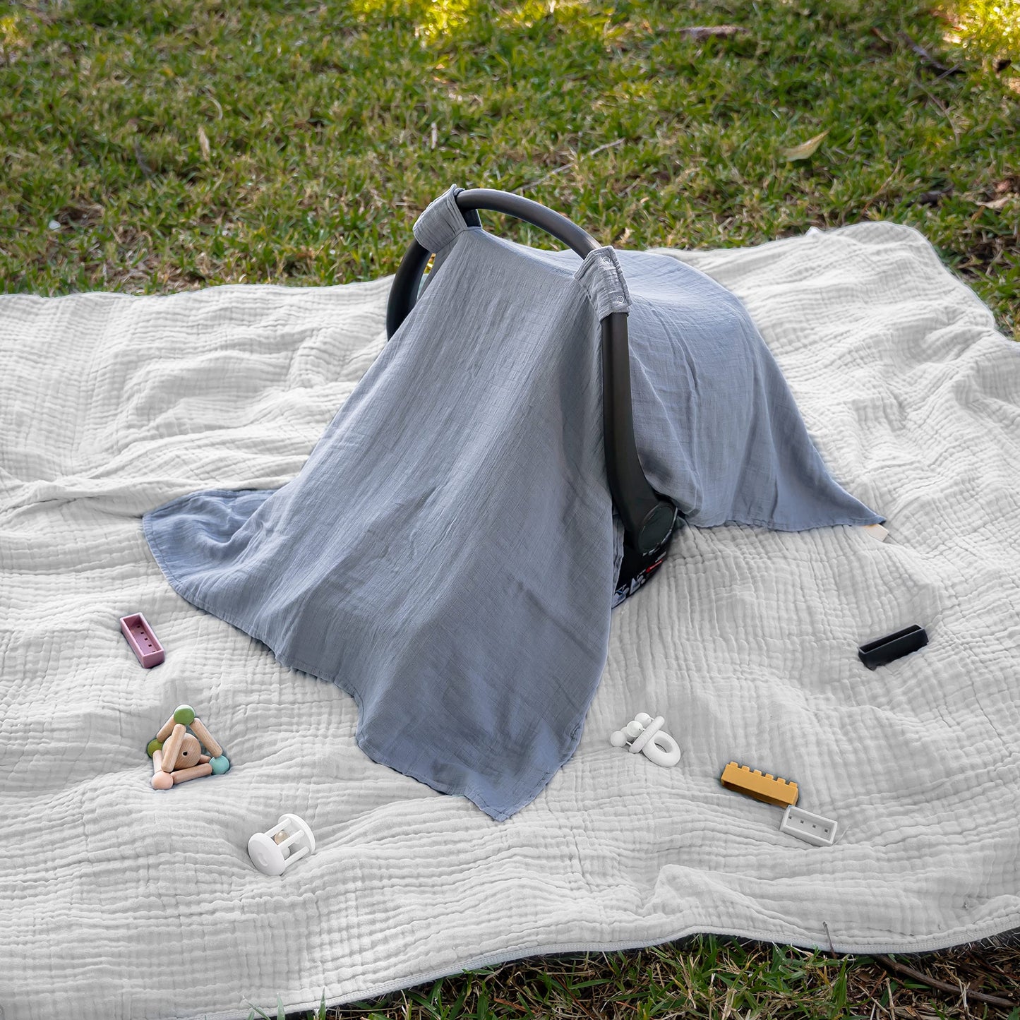 Comfy Cubs Muslin Cotton Baby Car Seat Cover - Soft, Breathable and Lightweight Infant Car Seat Cover - Designed in The US, Canopy for Sun Protection - Large Baby Travel Essentials - Pacific Blue