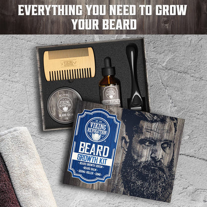 Beard Growth Kit - Oil, Balm, Serum, Derma Roller & Wooden Comb for Beard & Mustache Growth