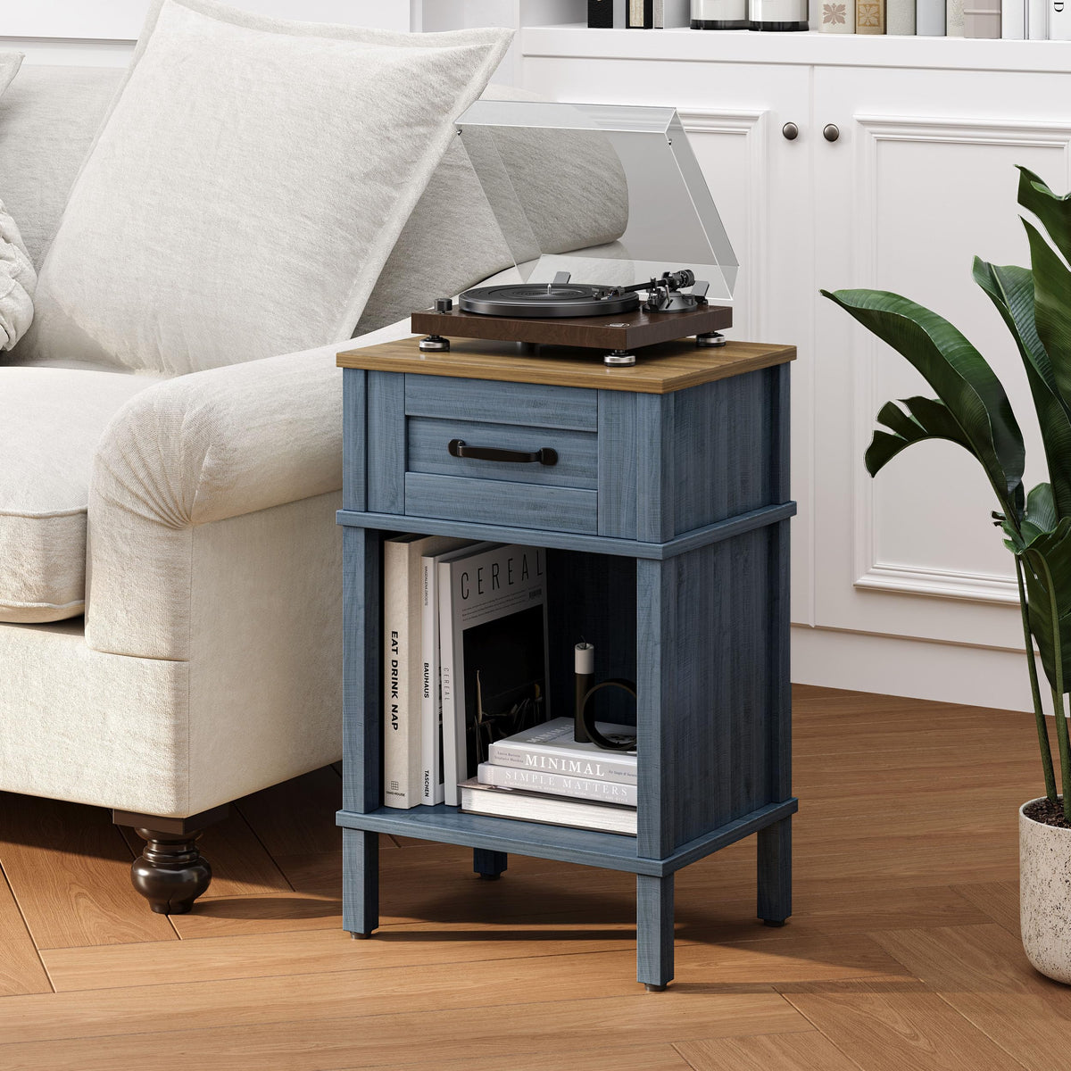 YAUKTAK Small Farmhouse Nightstand, Wood Night Stand Set, End Table with Drawer, Small Rustic Wooden Bedside Table, Bed Side Table for Bedroom, Blue end Table with Storage for Bedroom LET512LR
