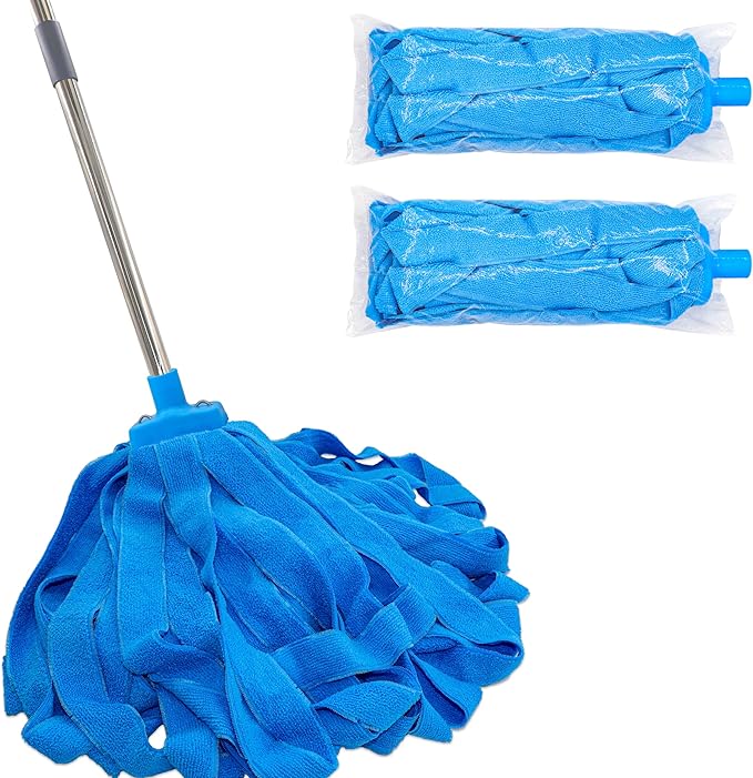 Screw On Microfiber String Mop, One Stainless Steel Pole + Two Blue Microfiber