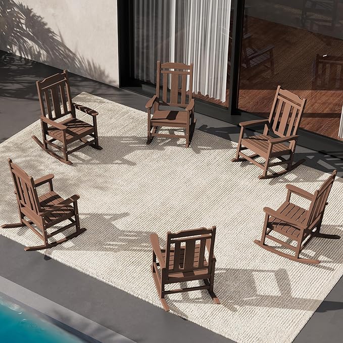 SERWALL Outdoor Rocking Chair Set of 6, Patio Rocking Chairs Set, HDPE Rocking Chair Outdoor for Adults, Heavy Duty Front Porch Rocker, Coffee
