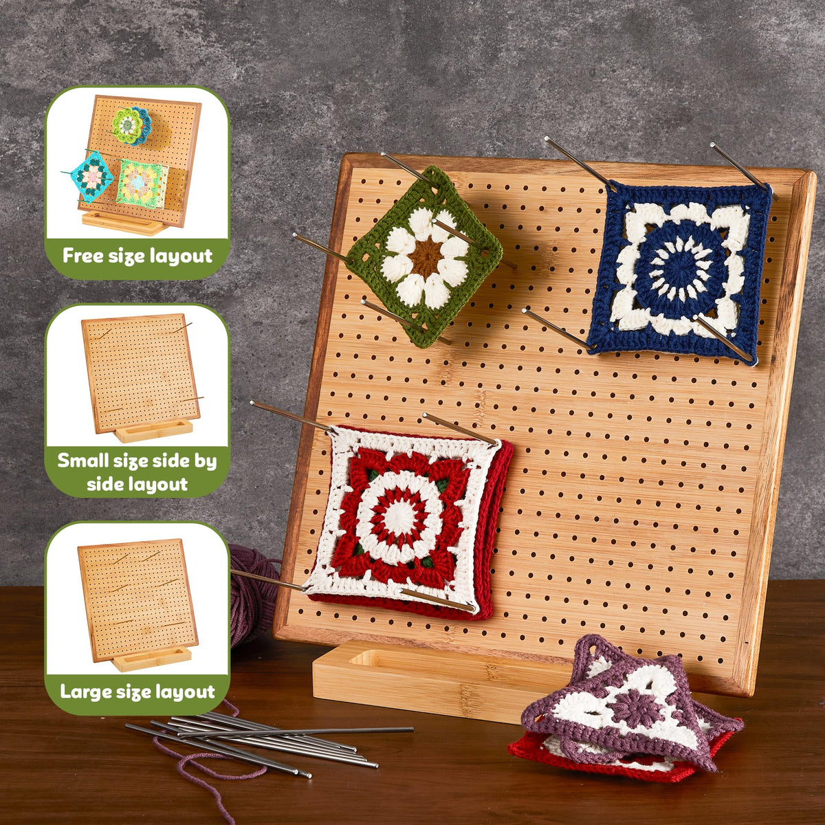 11.8" Crochet Blocking Board with 20 Pegs Pins, Granny Square Blocking Board for Crochet Projects, Bamboo Blocking Boards for Crocheting and Knitting, Wooden Gifts for Crocheter