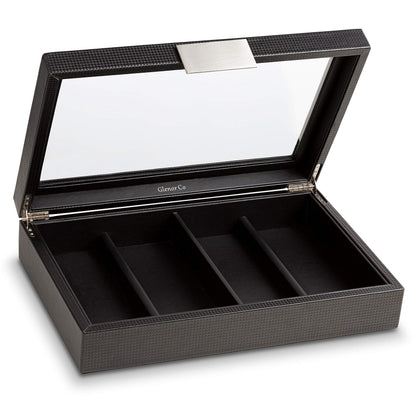 Glenor Co Sunglasses Organizer Case - 8 Slot Storage Holder to display Sunglass/Eye Glasses - Modern Box with Clear Glass Top and Metal Buckle for Men and Women - Carbon Fiber Leather Design - Black