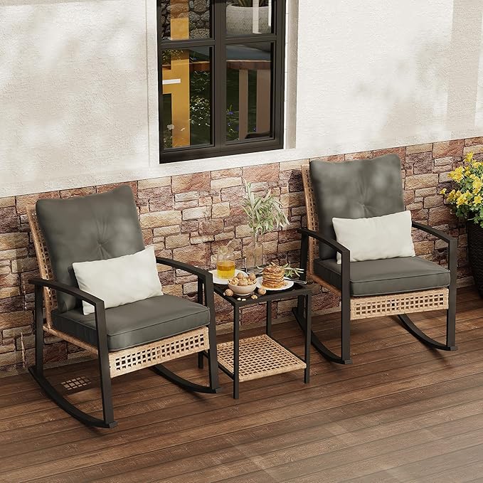 3 Piece Patio Rocking Chairs Set of 2, Outdoor Rocking Chair Bistro Set with Tempered Glass Coffee Table and Thick Lumbar Pillow Set, Front Porch Chairs for Garden, Backyard (Gray Cushion)