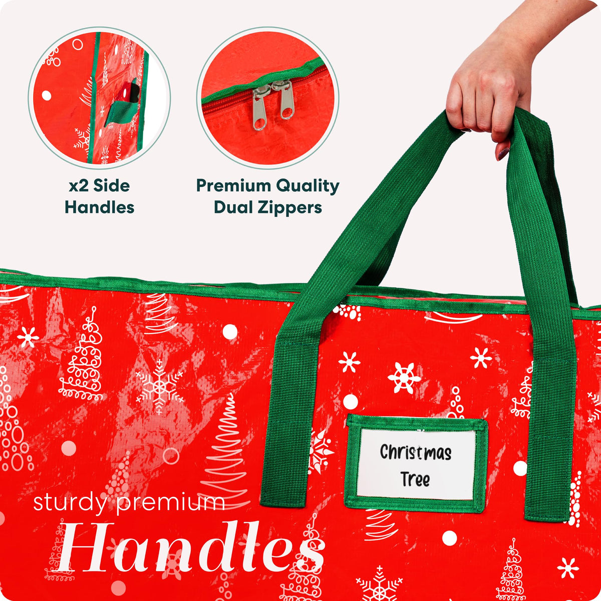 Christmas Tree Storage Bag - Stores 9 Foot Artificial Xmas Holiday Tree, Durable Waterproof Material, Zippered Bag, Carry Handles - Protects Against Dust, Insects and Moisture (Red Printed)