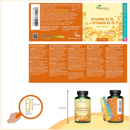Vegavero Vitamins D3 K2 Oil | Vegan & NO Additives | Cholecalciferol & All-Trans MK-7 | 1000 IU Vitamin D + 100 µg VIT K2 | 120 Vegan Capsules
