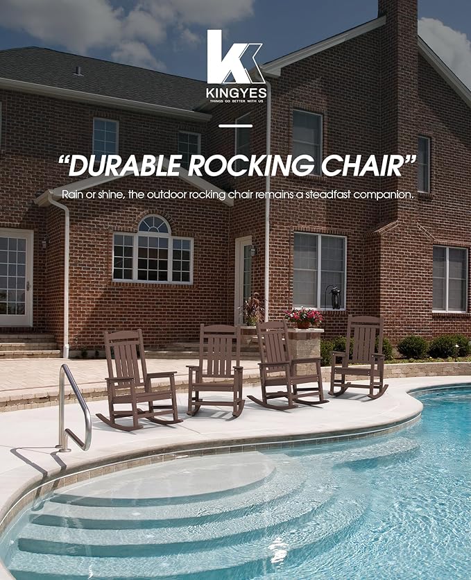 KINGYES HDPE Outdoor Rocking Chair Set of 4, All-Weather Poly Patio Rocking Chairs with 330lbs Support for Adults, Coffee Brown