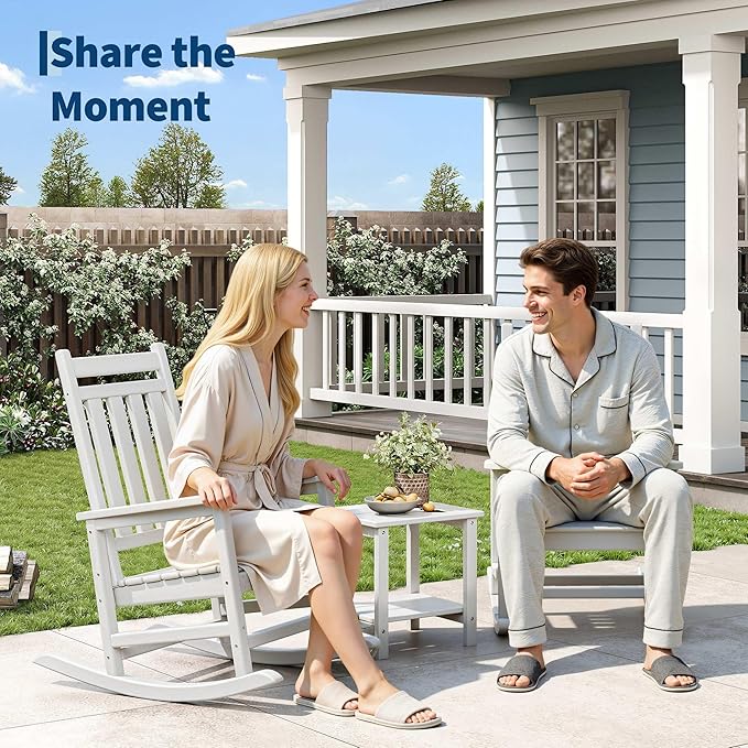 HDPE Rocking Chair Outdoor Set of 6 - Poly High Back Porch Rocker Chairs for Adults - All Weather Resistant Furniture for Patio Front Porch - White