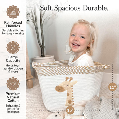 Giraffe Storage Basket for Nursery – Large 15”x11” Cotton Rope Bin with Soft Felt Animal Patch – Toy Organizer, Baby Laundry Hamper, Diaper & Towel Holder – Foldable, Washable & Baby-Safe