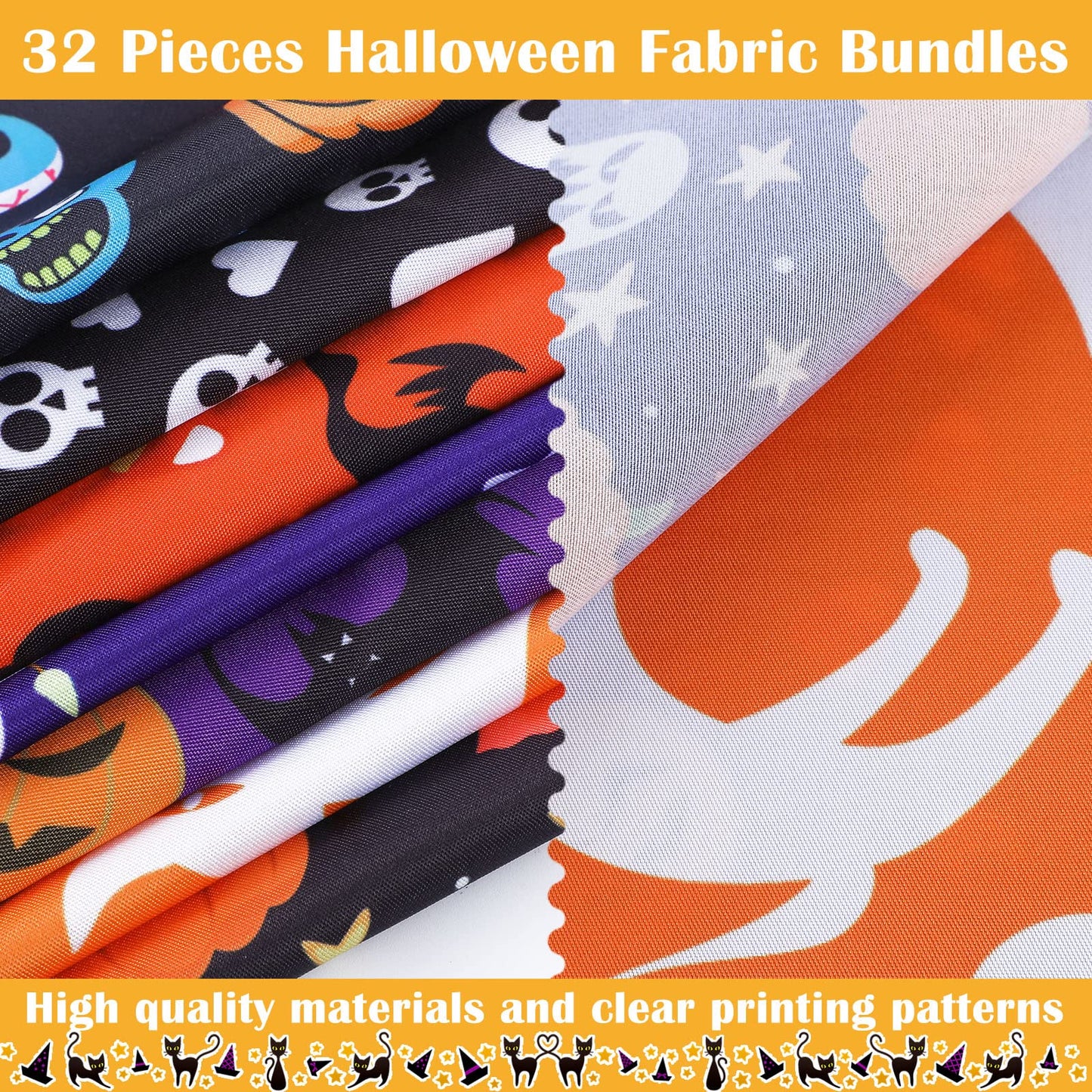 Tudomro 32 Pcs 10 x 10 Inches Halloween Fabric Holiday Quilting Cloth Fat Quarters Printed Sewing Craft Bat Pumpkin Ghost Skull Fabric for DIY Halloween Decor Patchwork Supplies