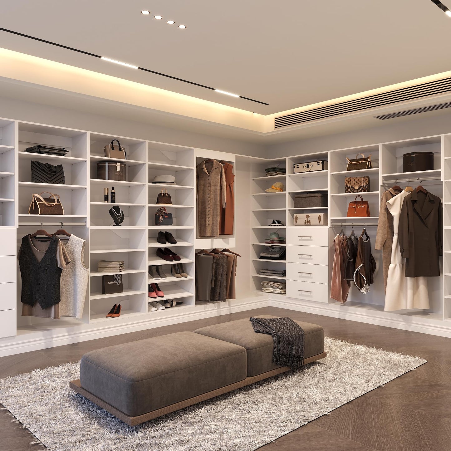 MODCART Modular Closet System, 102" Wide Closet Organizer System with Hanging and Towers, Wood Tower Closet Storage for Walk In Closets, Wall Mounted Wardrobe Organizer Kit System, Bedroom,White