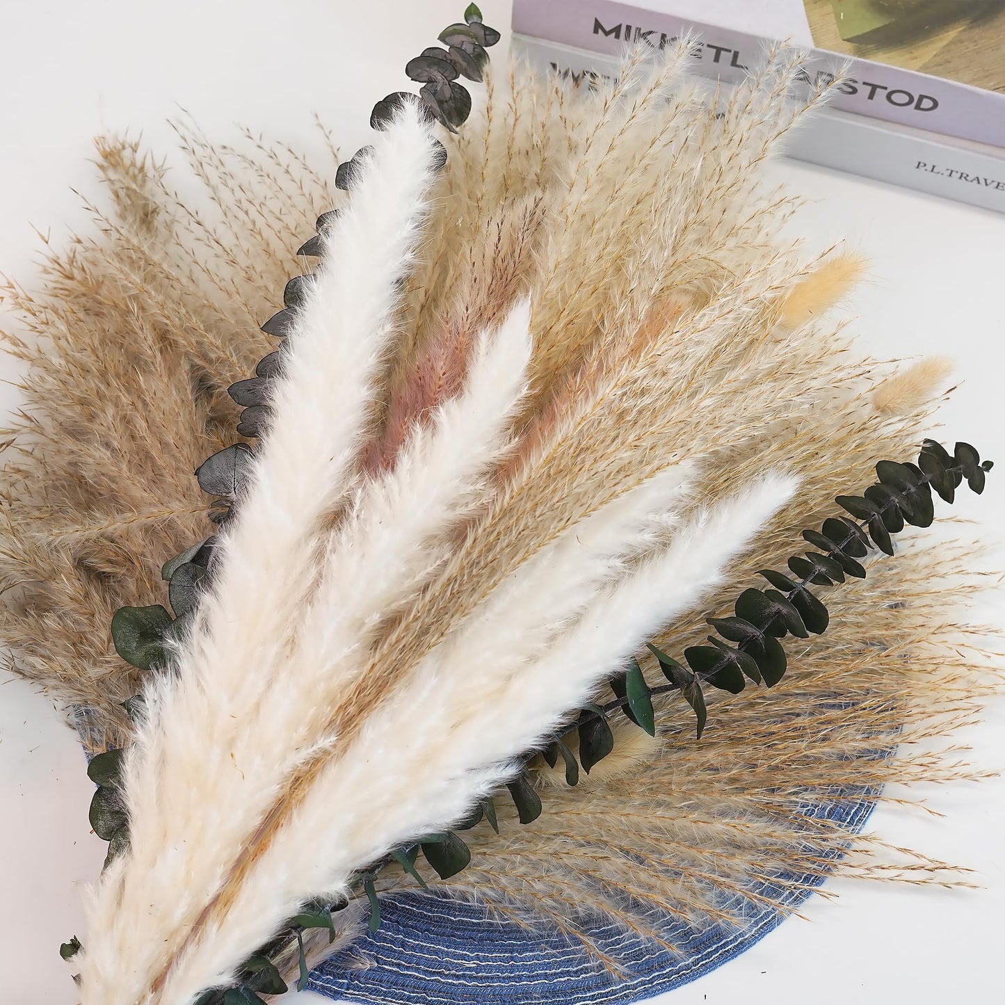 Pampas Grass Decor, Dried Flower Bouquet with Bunny Tail Grass, Pampas Grass & Eucalyptus, Boho Centerpieces for Tables & Floors - Dried Floral Arrangement, Fall Grass & Stylish Olive Green Wall Décor