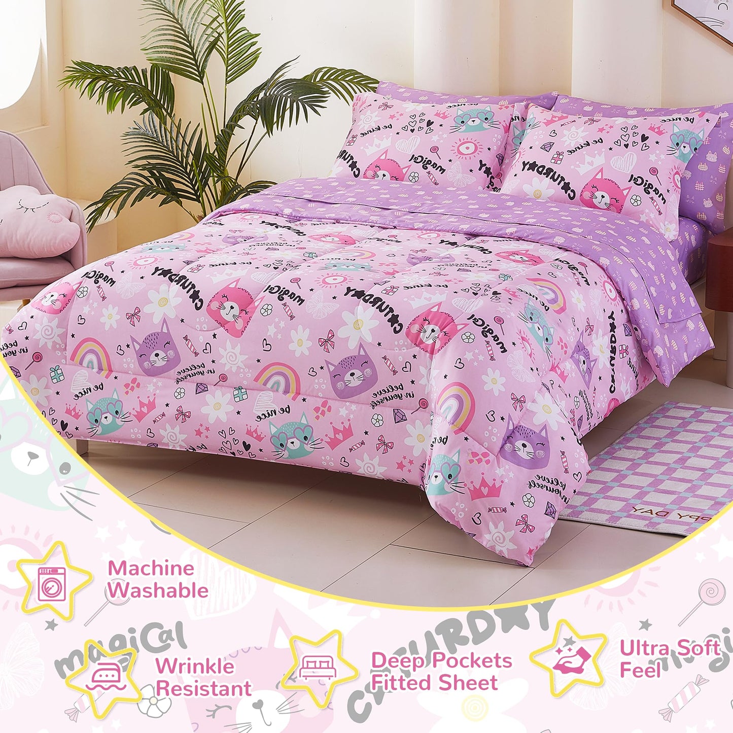 Viviland Kids Twin Bedding Sets for Girls, Soft Twin Comforter Set with Sheets, 5 Pieces Microfiber Bed in a Bag, Pink Cat Kitty