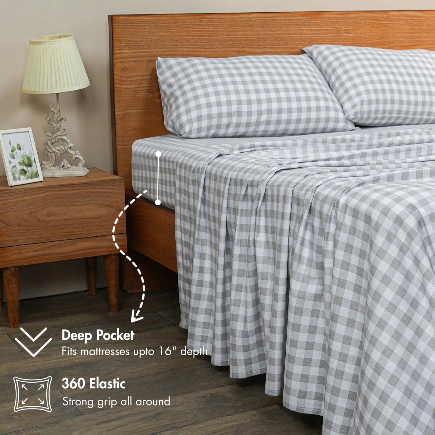 RUVANTI Flannel Sheets Queen Size - GOTS Certified 100% Organic Cotton, 4 Piece Warm, Soft & Breathable Set, Deep Pocket Snug Fit, Double Brushed Cozy All Season Bedding, Open Gingham