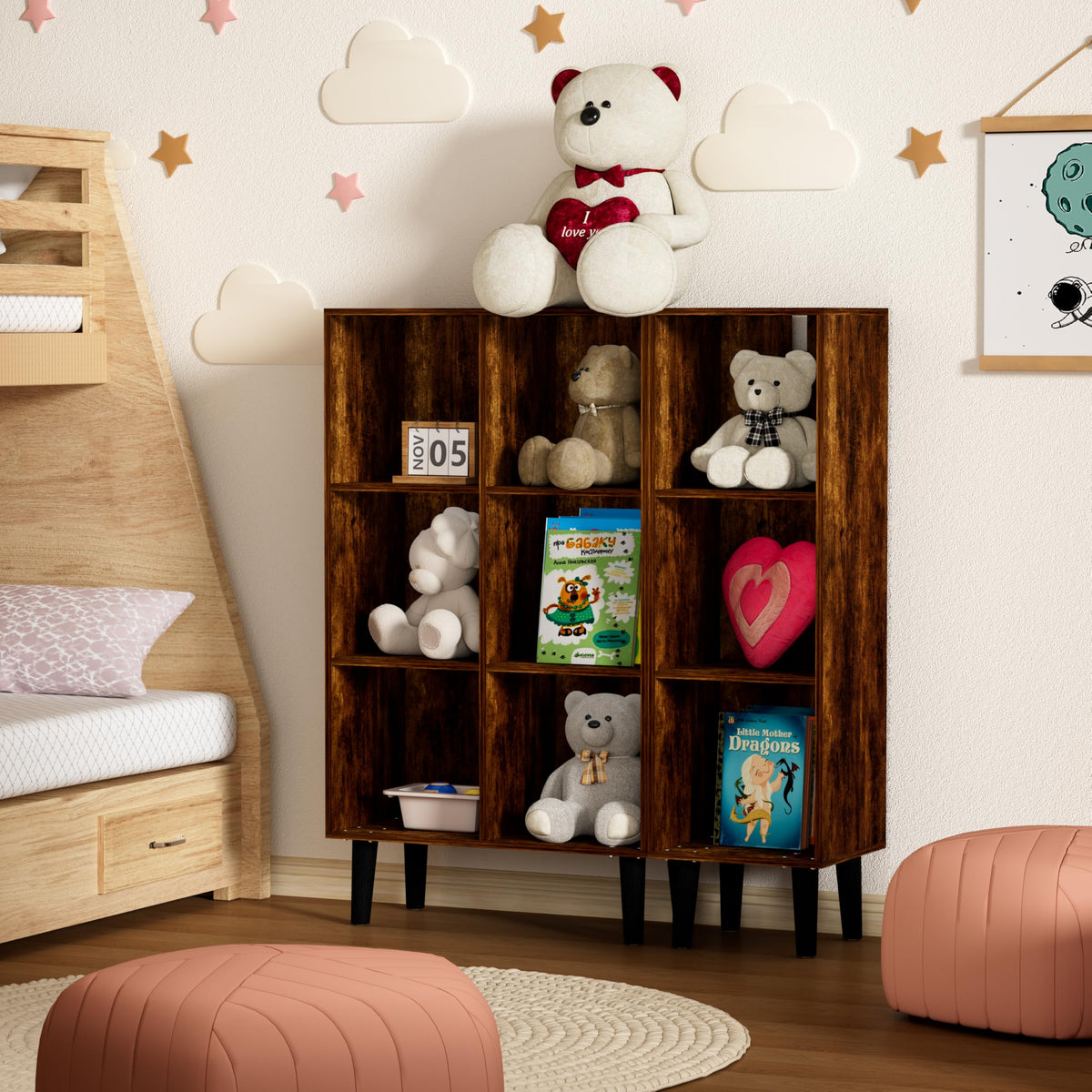 Nestwise 6 Cube Bookcase, Wooden Book Shelf Cube Storage Organizer with Legs, 3 Tier Bookshelf Freestanding Open Shelves for Bedroom, Living Room and Home Office (Brown, 6 Cube Vertical)