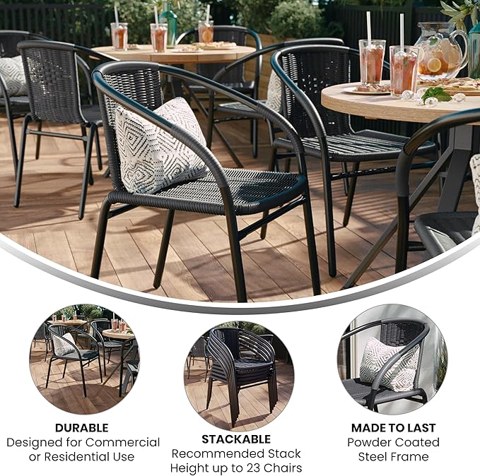 EMMA + OLIVER Set of 2 Modern Rattan Indoor/Outdoor Stack Chairs, Stacking Rattan Patio Chairs with Curved Back and Cross Bracing, Gray