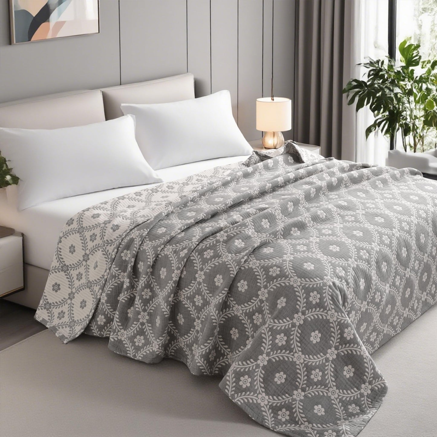 NTBAY 3 Layers Cotton Muslin 106x92 King Bed Blanket, Super Soft Breathable Thermal Yarn Dyed Quilt for Adults, Perfect Lightweight Blanket for Couch Sofa Bed All Seasons, Grey Garlands