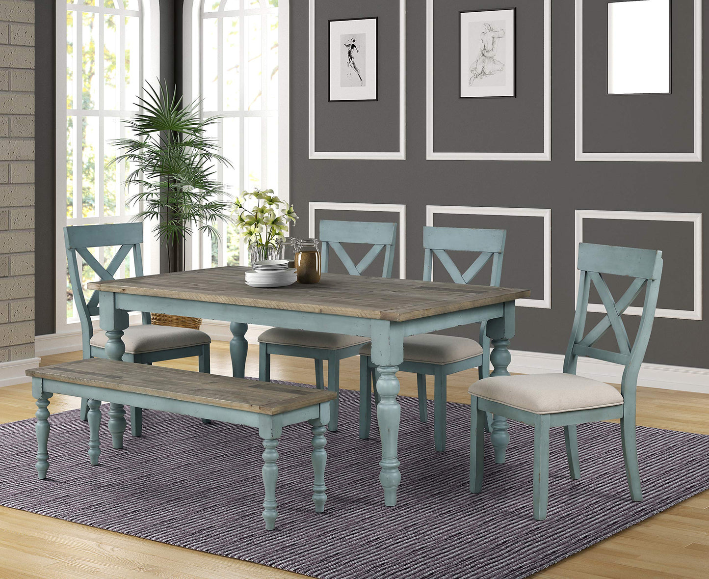 Roundhill Furniture Prato 6-Piece Dining Set, Dining Table with 4 Cross Back Chairs and Bench, Antique Blue and Distressed Walnut Finish