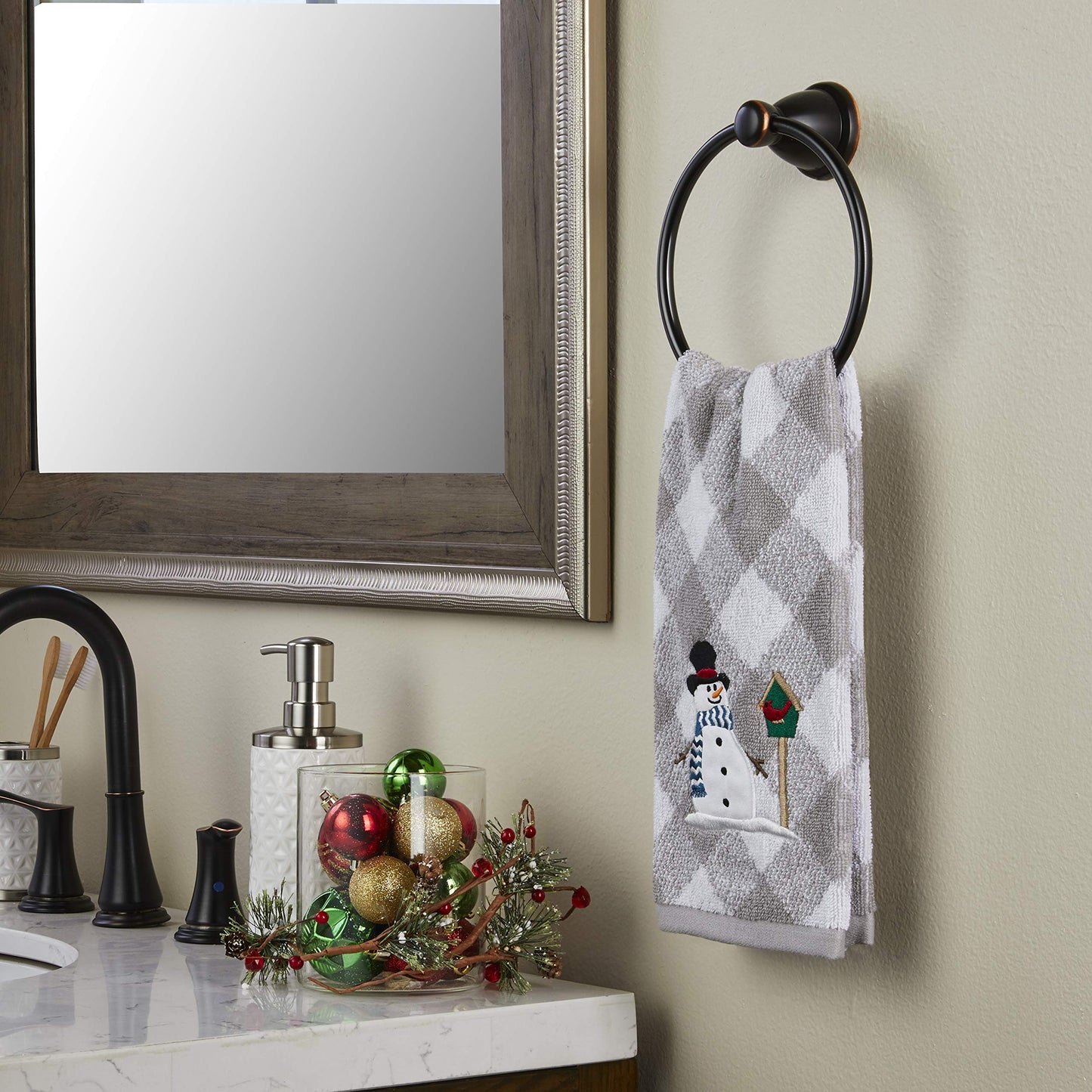SKL Home Christmas/Winter Snowman & Birdhouse Hand Towel 2pc Set for Bath/Kitchen/Bar & Gift, Gray