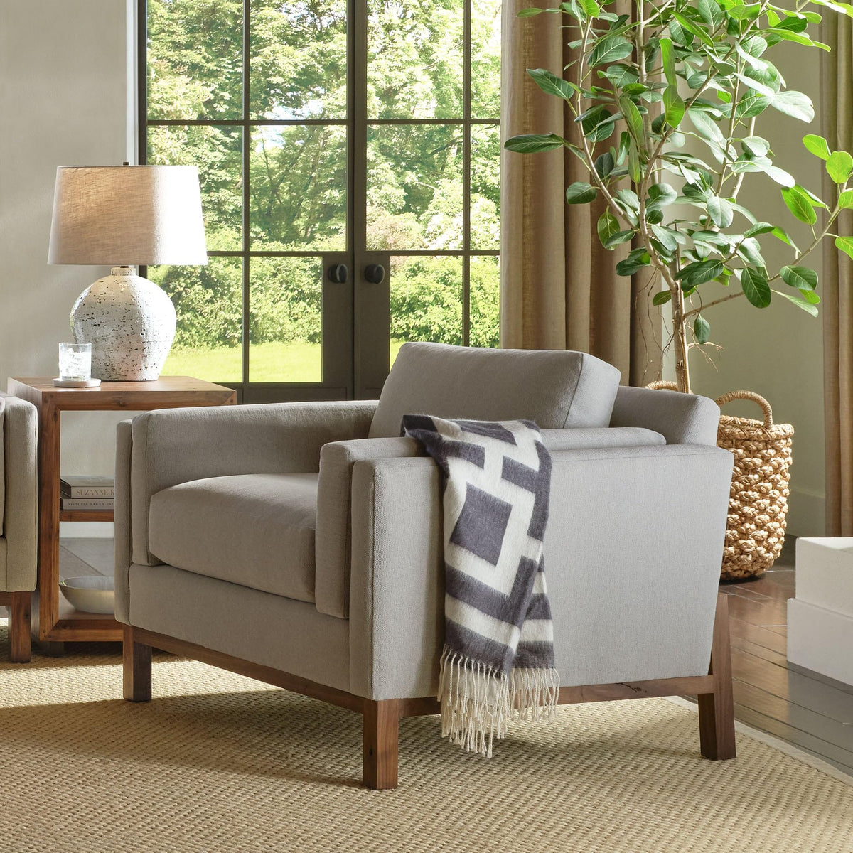 Stickley Saranac Chair, Lounge Chair, Solid Rustic Walnut Base, Sustainable Construction, Sewn-in Pillows, Sustainable Easy-Care Fabric, Square Legs, Made in USA