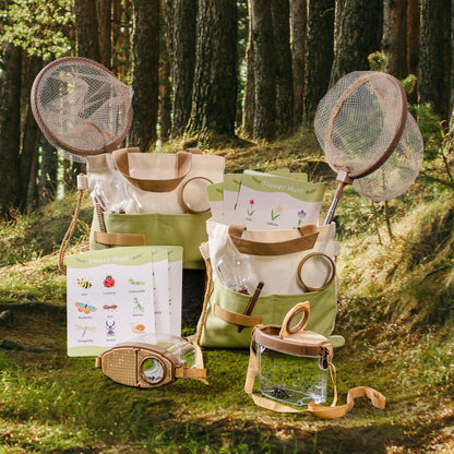 ROBOTIME 2Sets Bug Catcher for Kids, Sturdy Bug Catching Kit with Butterfly Net, Insect Box, Magnifying Glass, Tweezer, Clamp, Cards and Carry Bag, Bug Habitat Outdoor Explorer Kit for Kids 3-12