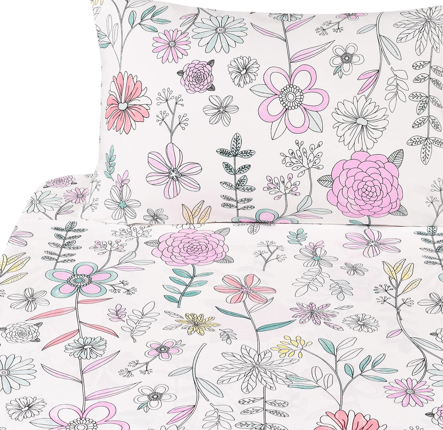 J-pinno Painting Flower Plant Floral Botanic Cute Cozy Fun Twin Sheet Set for Kids Girls Children 100% Cotton Flat Sheet + Fitted Sheet + Pillowcase Bedding Set (Flower, Twin)