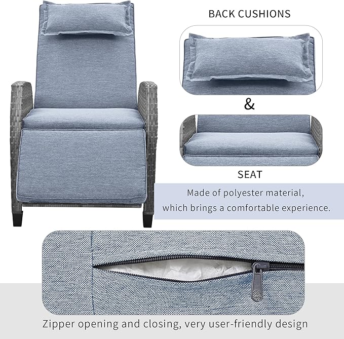 Outdoor Recliners Chair Set of 2 for Patio with Wicker Coffee Table, Comfort Cushion, Adjustable Angle Weatherproof Reclining Chairs for Courtyard, Swimming Pool, Balcony (Grey)