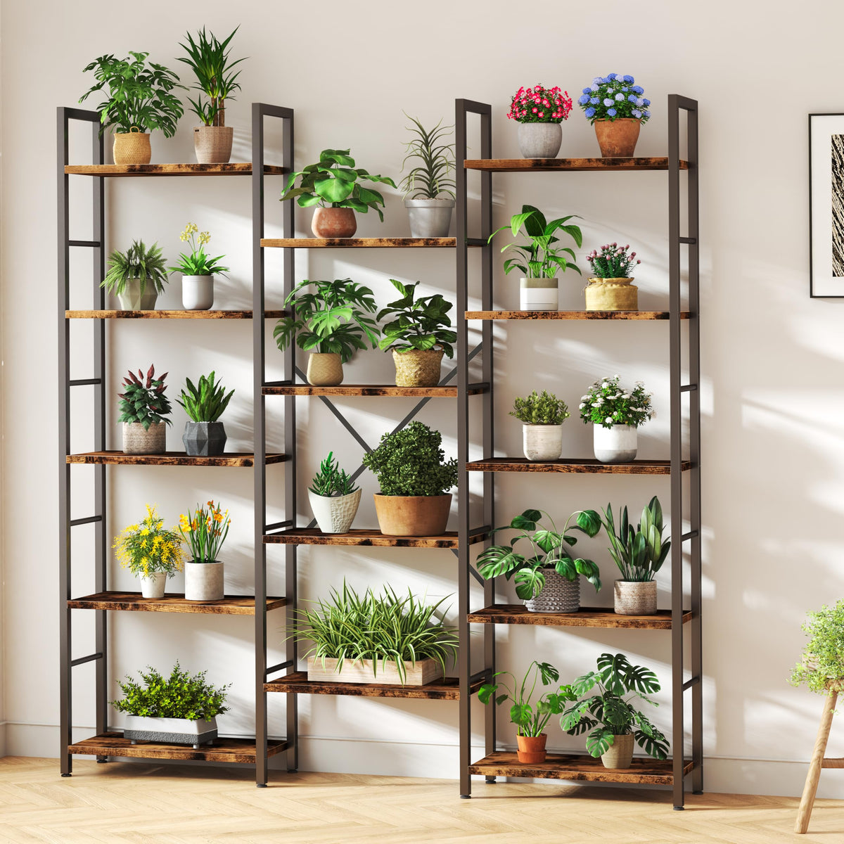 Shintenchi Triple Column 5 Tier Bookshelf, Industrial Large Bookcase Display Shelves, Large Etagere Bookshelf,Wide Book Shelf Book Case for Home & Office, Rustic Brown