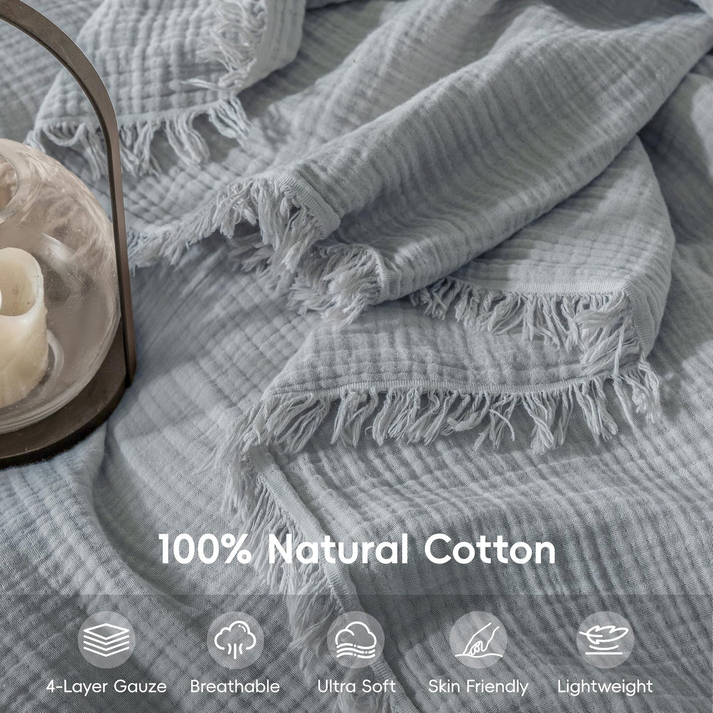 Muslin Fringe Blanket for Adults 100% Cotton 4-Layer Gauze Cloud Soft Breathable Lightweight All Season Throw Blanket for Bed Couch Sofa Office (Dusty Blue, Twin XL 66" × 90")