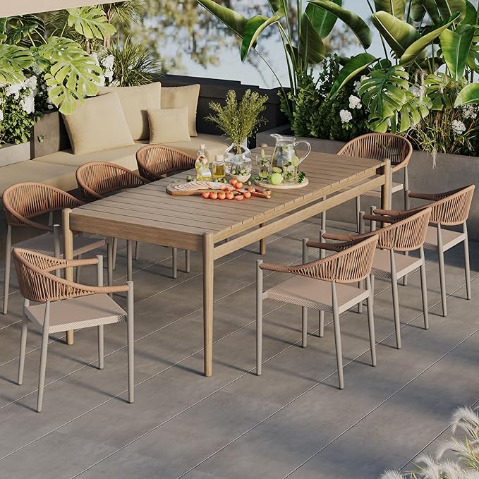 8 Pcs Stackable Patio Dining Chairs, Aluminum Rattan Outdoor Dining Chair with Arms, Woven Rope Garden Armchair Metal No Assembly for Bistro Balcony Porch Deck Yard Cafe Restaurant, Light Brown