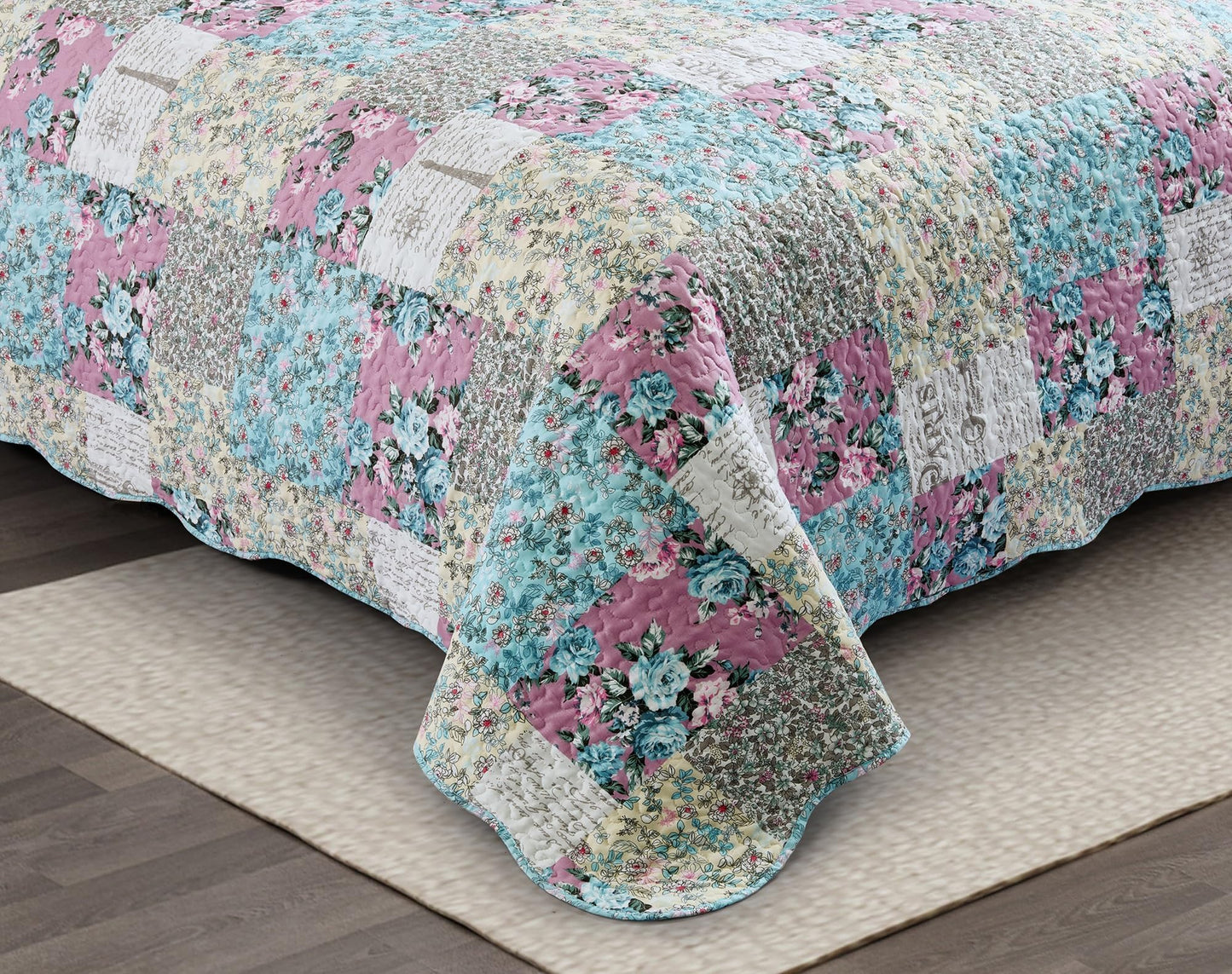 Brilliant Sunshine Lilac Rose Toile Quilt Set, 3-Piece Bedding Sets, Traditional Lively Patchwork Design, Washable, Reversible Bedspread, Soft Lightweight Coverlet, All-Season, Full/Queen, Egg Blue