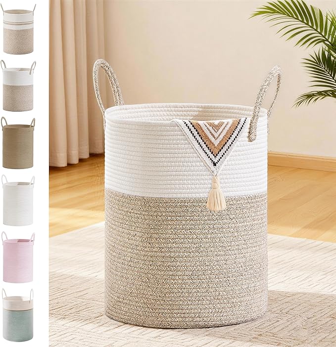 Tall Laundry Basket with Handles, 53L Portable Dirty Clothes Hamper, Boho