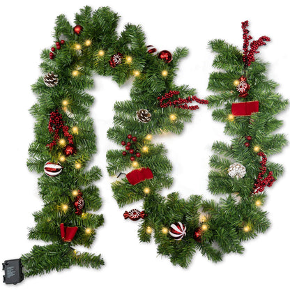 FUNPENY 9 FT Artificial Christmas Garland, Pre-Lit 50 LED Battery Operated Lighted Xmas Garland with 8 Modes for Indoor Holiday Door Home Decorations (Red)