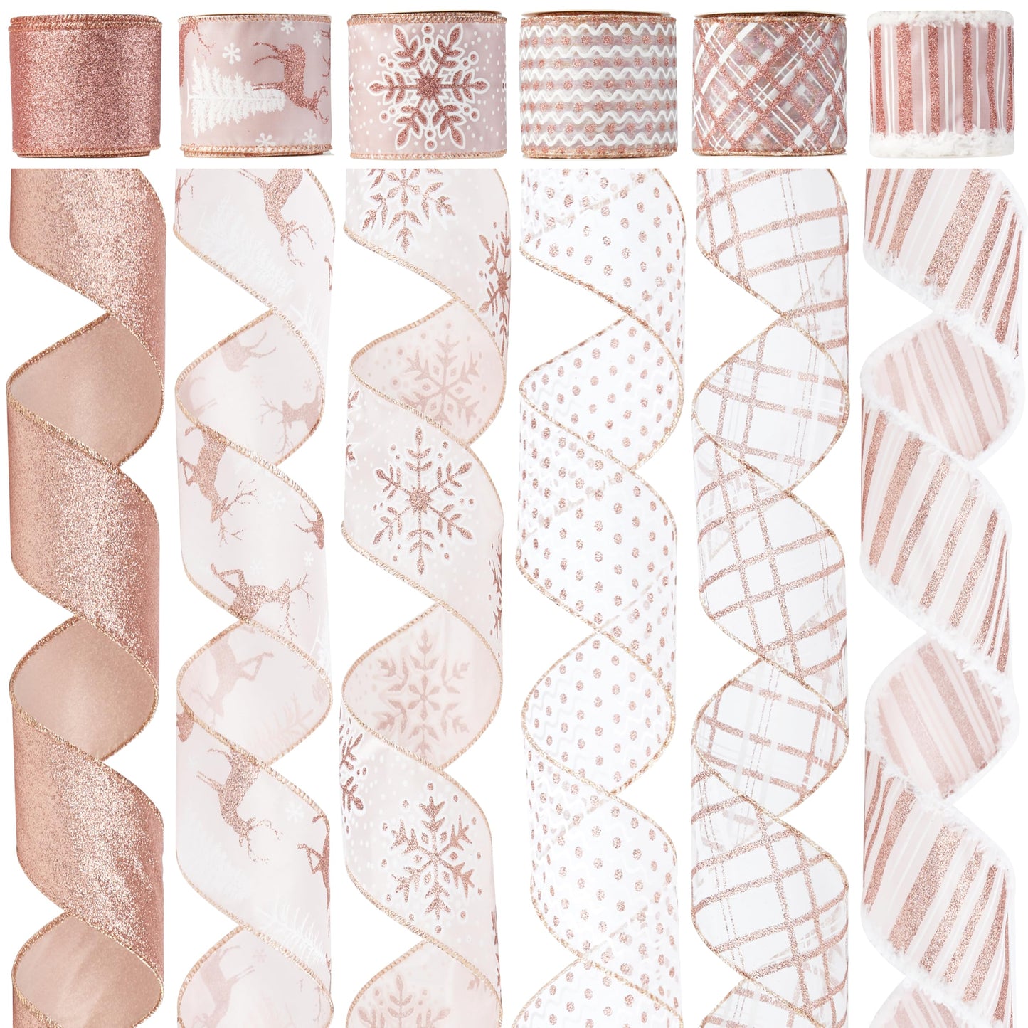 DINDOSAL Rose Gold Christmas Ribbon Wired 2.5" Pink Christmas Tree Ribbon Garland Rose Gold Glitter Wired Ribbon for Crafts, Wreaths, Topper Bows, Gift Wrapping, Home Decor (6 Rolls 36 Yards)