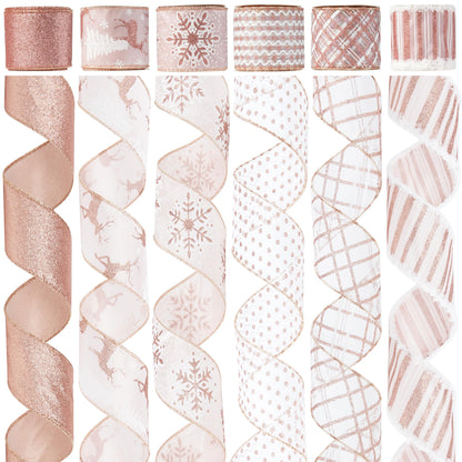 DINDOSAL Rose Gold Christmas Ribbon Wired 2.5" Pink Christmas Tree Ribbon Garland Rose Gold Glitter Wired Ribbon for Crafts, Wreaths, Topper Bows, Gift Wrapping, Home Decor (6 Rolls 36 Yards)