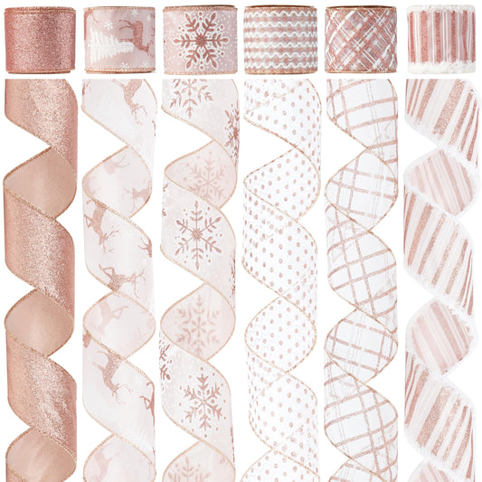 DINDOSAL Rose Gold Christmas Ribbon Wired 2.5" Pink Christmas Tree Ribbon Garland Rose Gold Glitter Wired Ribbon for Crafts, Wreaths, Topper Bows, Gift Wrapping, Home Decor (6 Rolls 36 Yards)