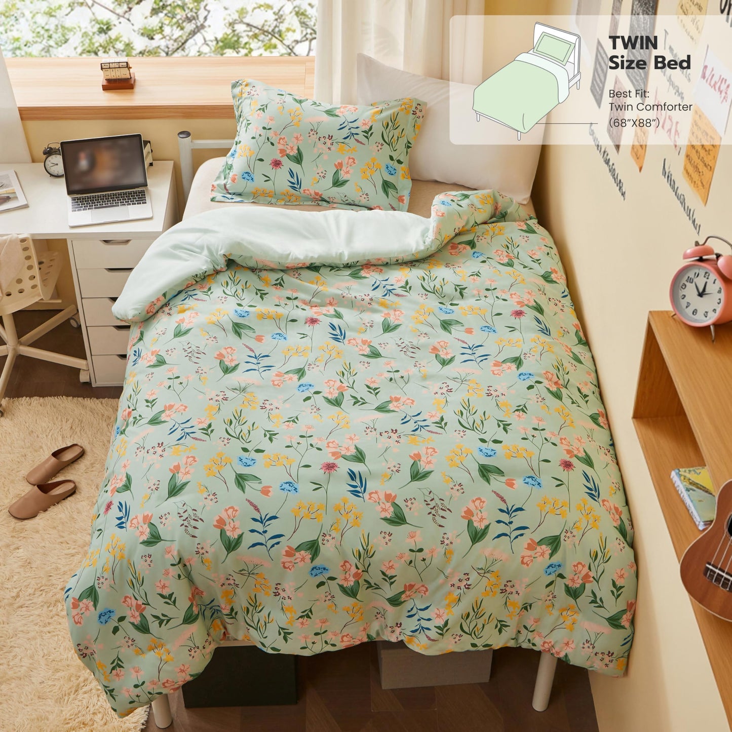 Joiedomi Floral Twin Comforter Set Light Green Bedding Set - 2 Pieces Twin Bed in a Bag with 1 Soft Reversible Botanical Flowers Leaves Comforter and 1 Pillow Sham