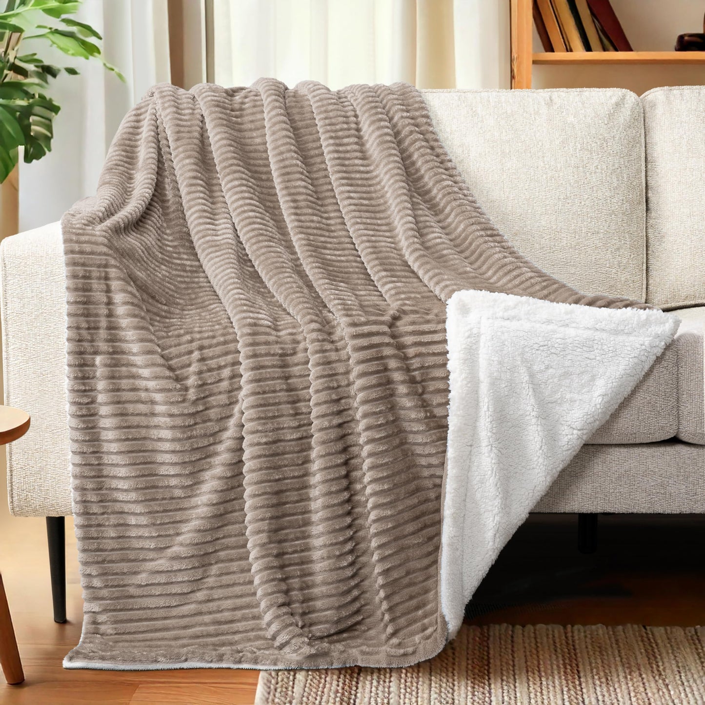 PAVILIA Tan Taupe Sherpa Fleece Throw Blanket for Couch Twin, Soft Plush Fuzzy Blankets, Fluffy Flannel Sherpa Blanket for Bed, Warm 3D Ribbed Winter Blanket Gift, 60x80 inches