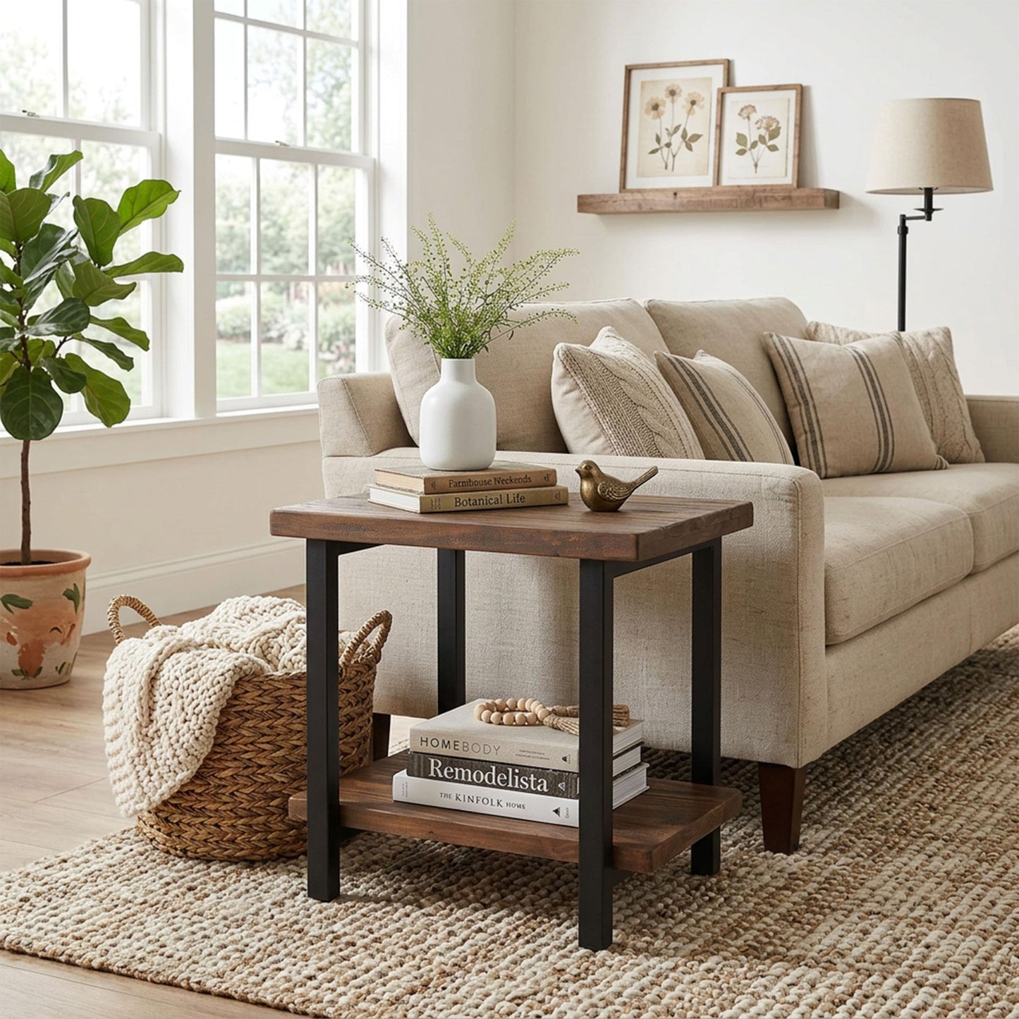 Alaterre Furniture Pomona Living Room 2-Tier Solid Wood End Table with Natural Finish and Metal Legs – Modern Farmhouse Accent or Home Décor (Rustic Brown)