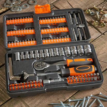 VonHaus Socket Set – 130-Piece Ratchet Kit, 1/4" Drive Socket Set with Extension Bar, Coupler, Ratchet and Wrench - Wrench Bundle and Screwdriver Bit Collection with Carry Case