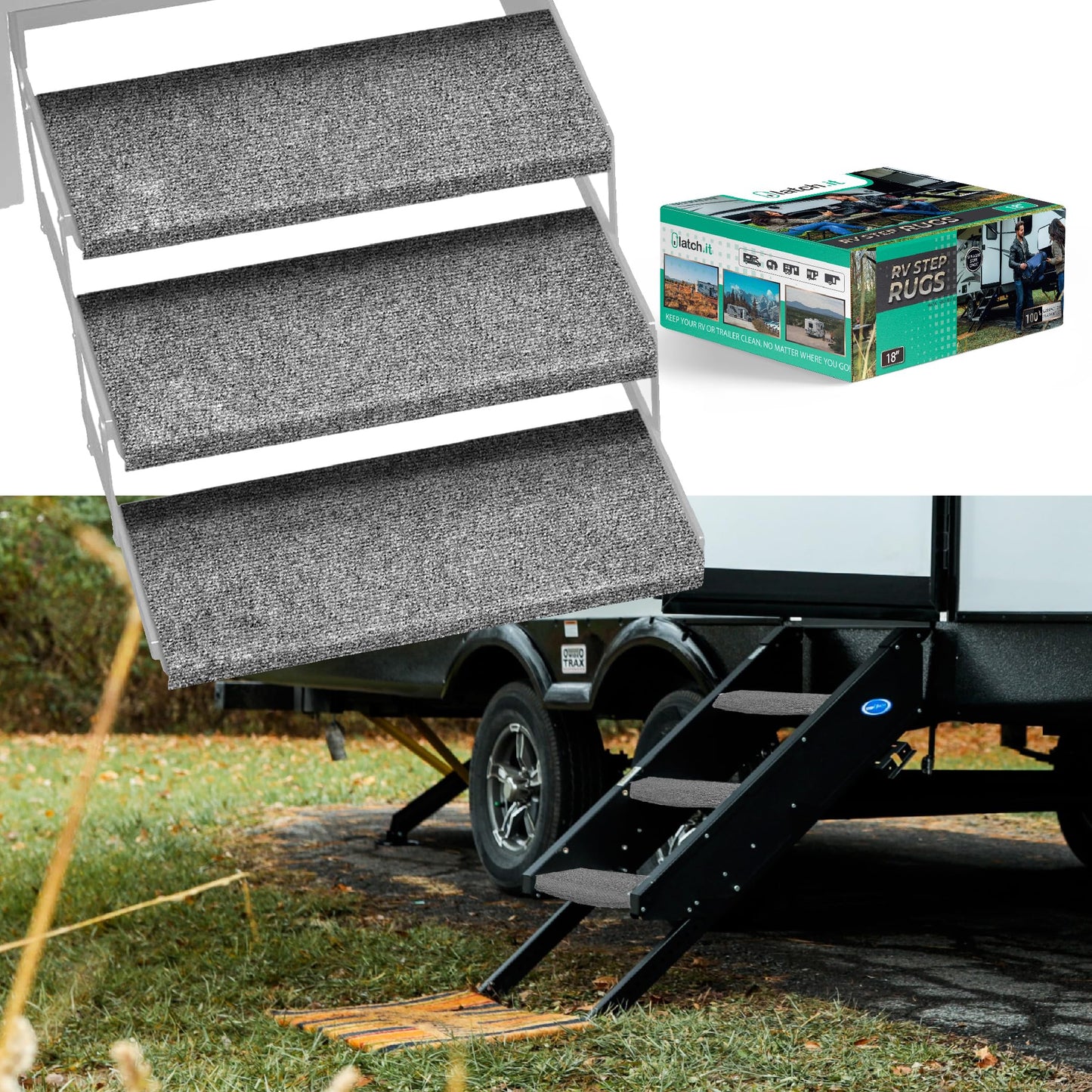 LATCH.IT RV Step Covers 3 Pack | 18" Wide Camper Step Covers | Gray RV Stair Covers | RV Step Carpet Fits 8-11" Deep RV Stairs | RV Stair Carpet | RV Step Cover | Keep Your RV Clean w/Our RV Step Rug