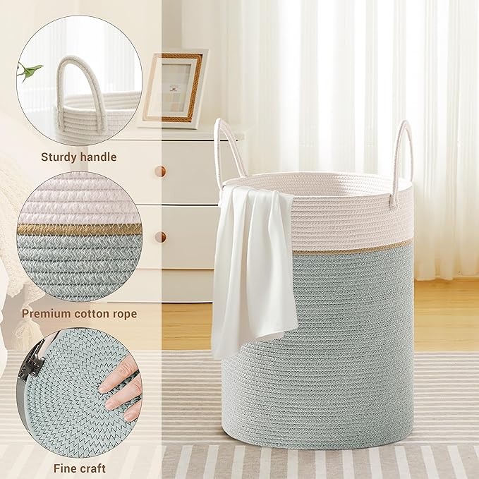 Tall Laundry Basket with Handles, 58L Portable Dirty Clothes Hamper, Boho