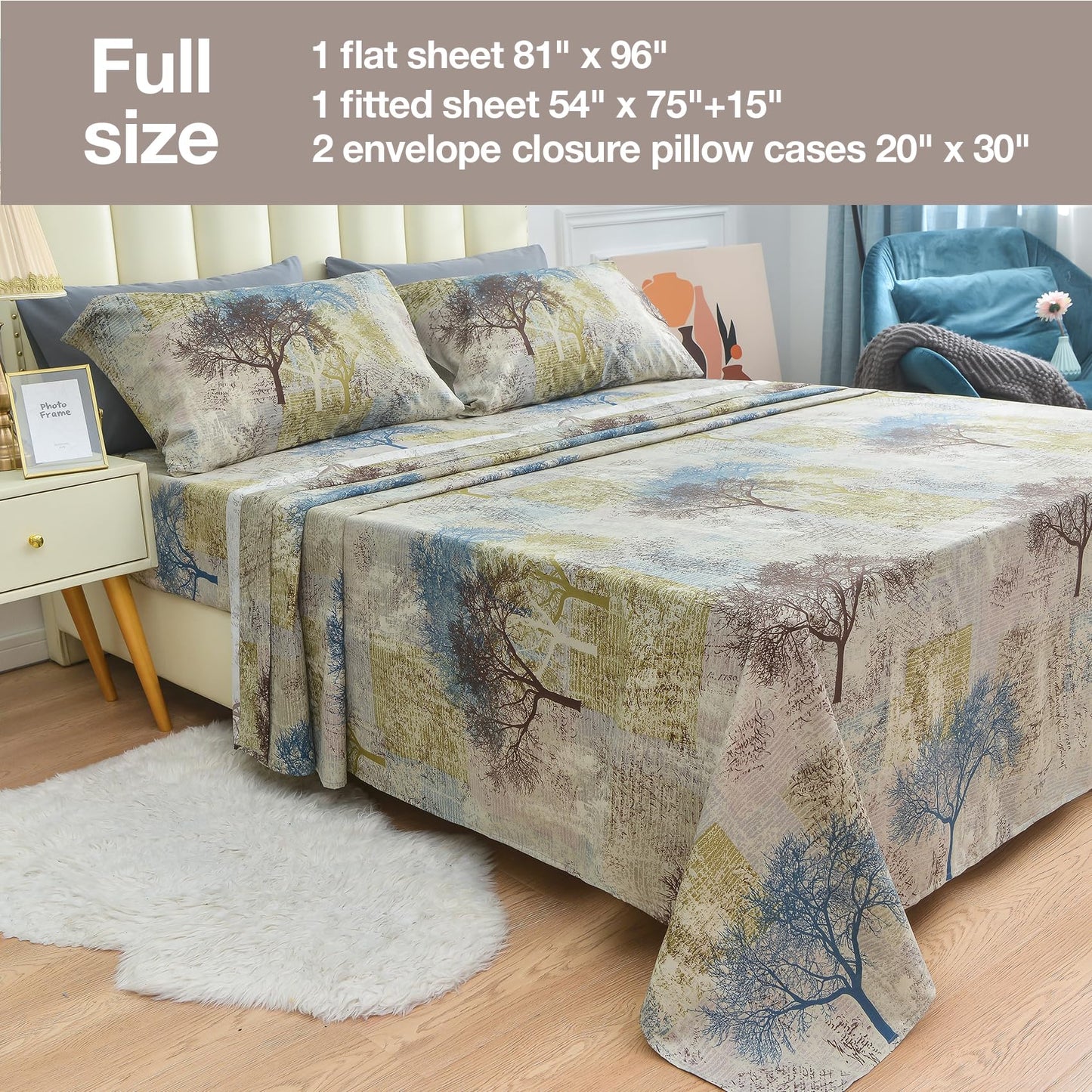 JSD Rustic Print Sheet Set Full Size, 4 Piece Tree Pattern Soft Microfiber Bedding Sheets Extra Deep Pocket