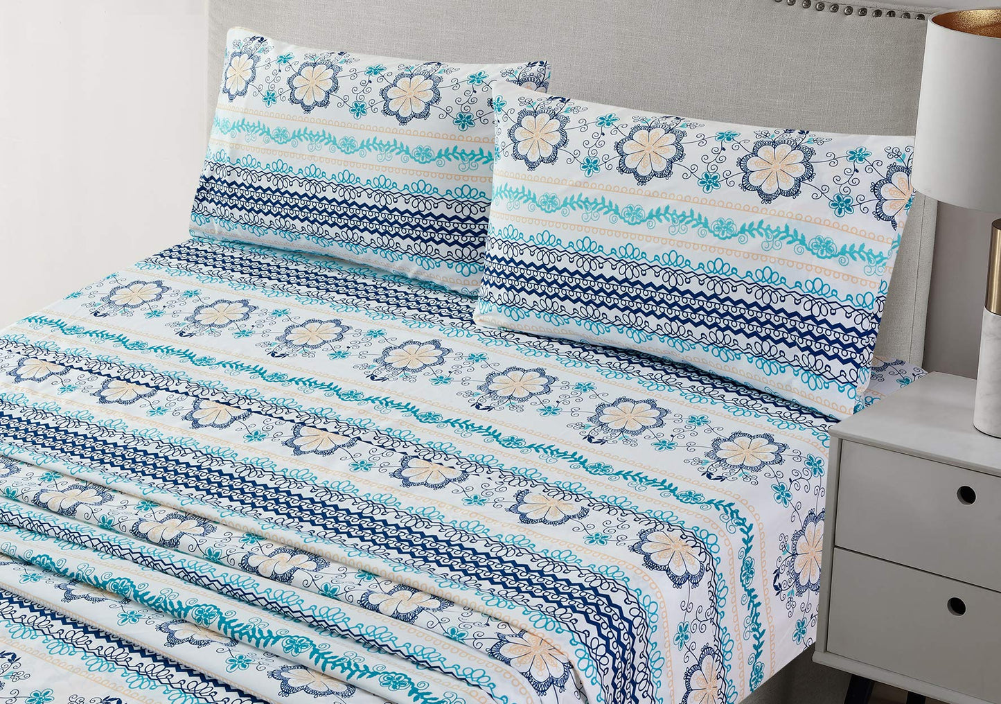JSD Blue Boho Printed Sheet Set King Size, 4 Piece Soft Floral Microfiber Sheets Extra Deep Pocket