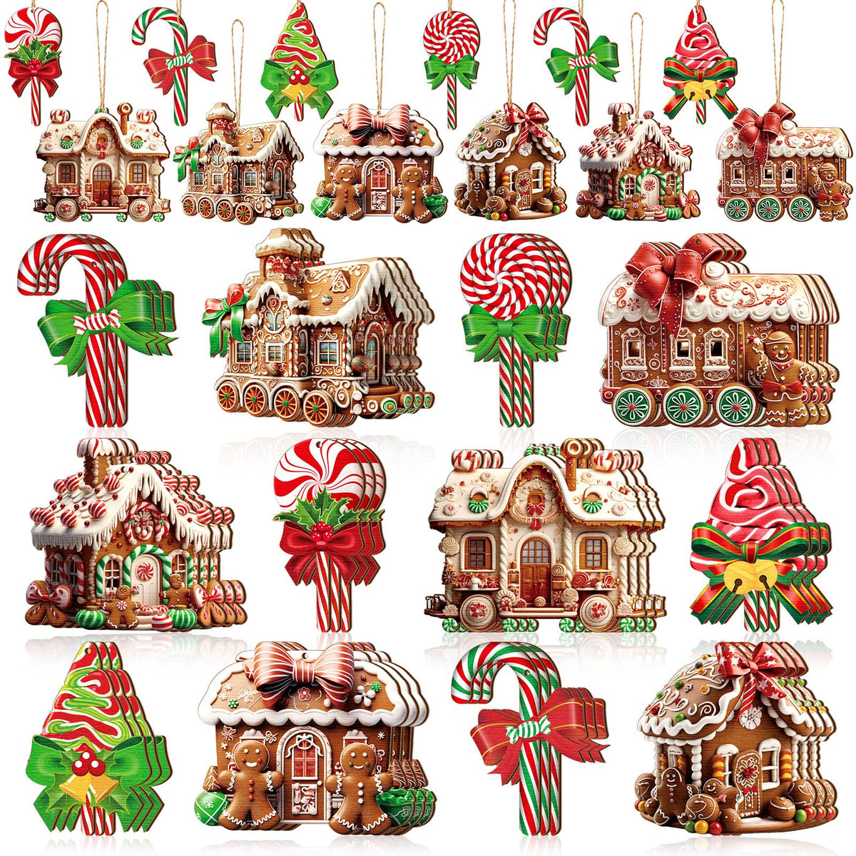 Roowest 36 Pcs Christmas Gingerbread House Ornament Set Wood Christmas Tree Ornaments Lollipop Flat Train Donut Cake Hanging Decorations Peppermint Ornaments for Xmas Tree Party Supplies