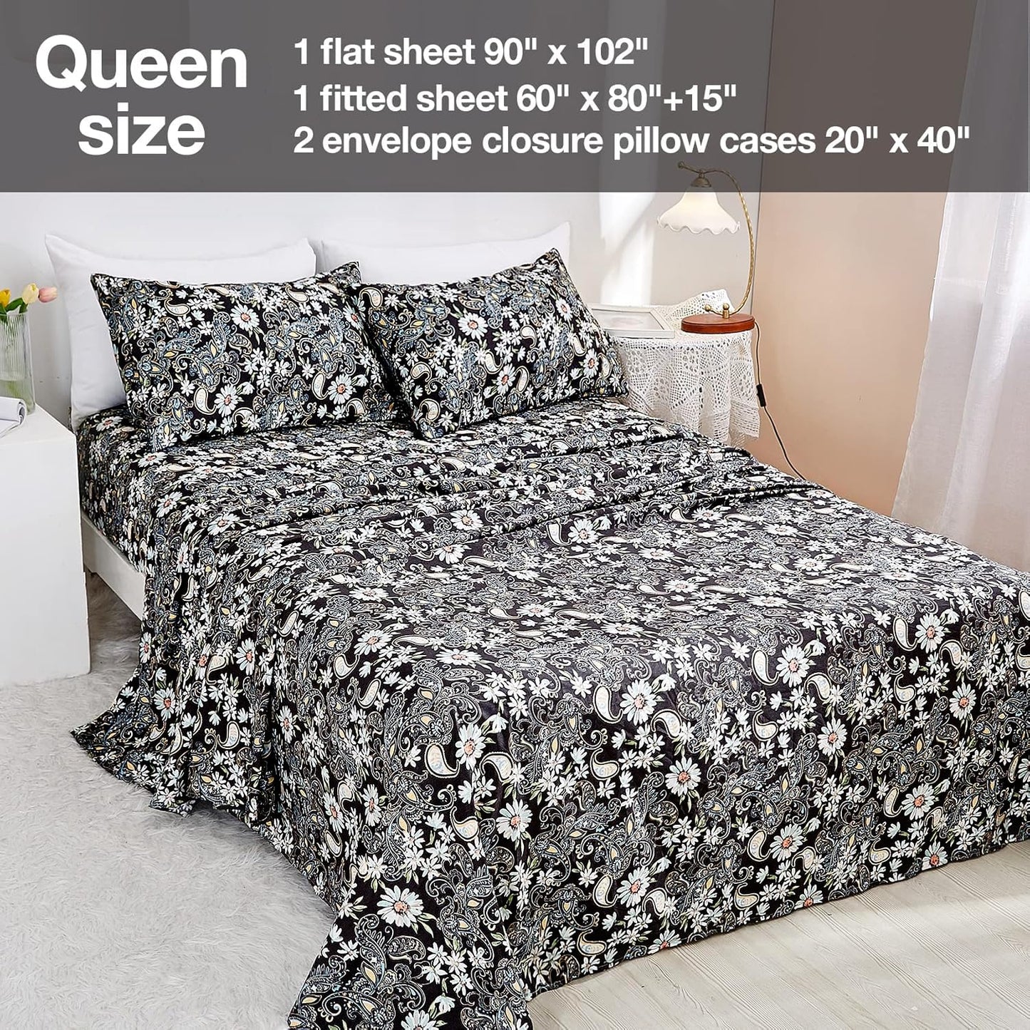 JSD Black Paisley Floral Printed Sheet Set Queen Size, 4 Piece Soft Pattern Microfiber Sheets Extra Deep Pocket