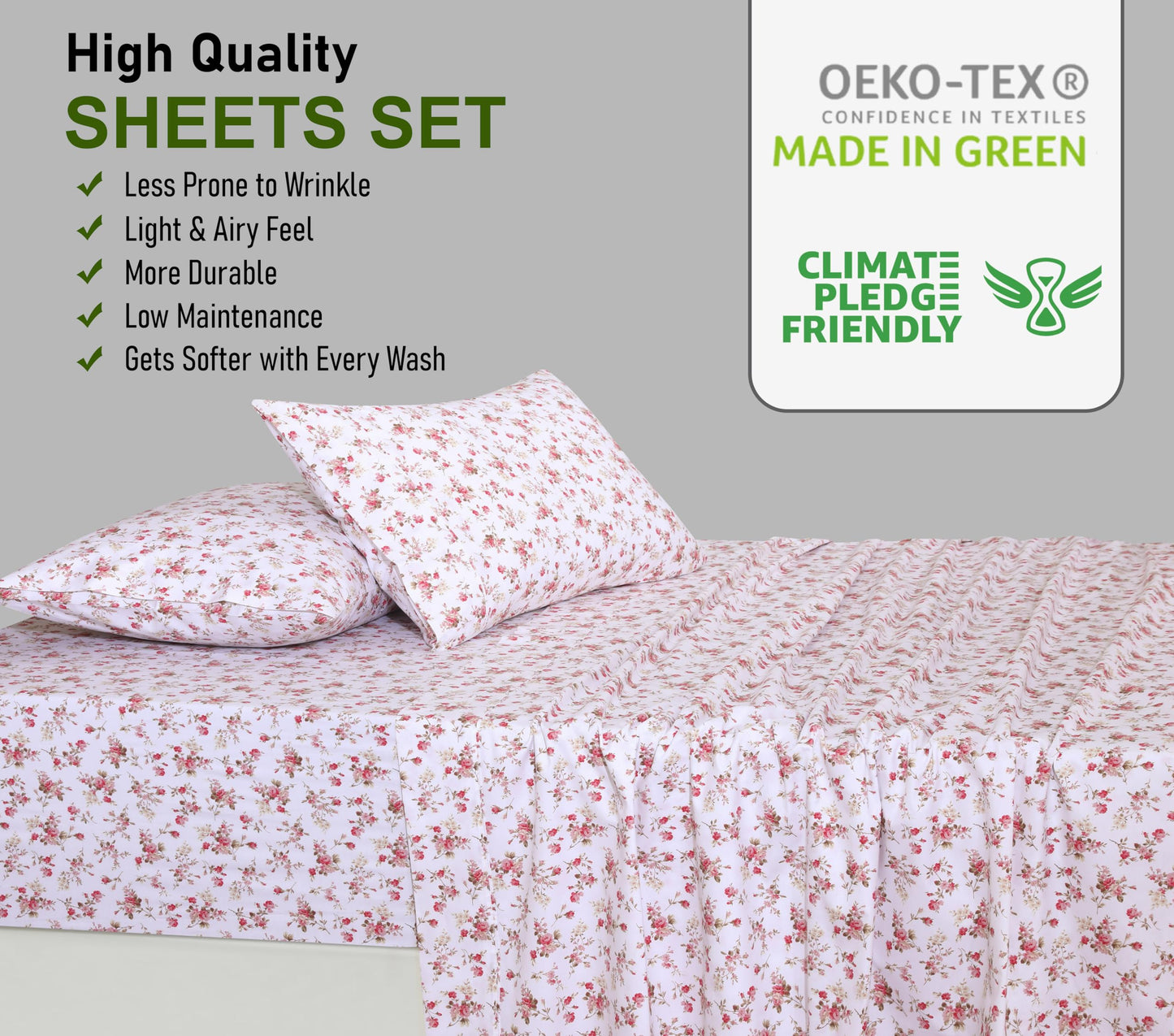 RUVANTI 100% Cotton Percale Sheets Queen Size, Bouquet