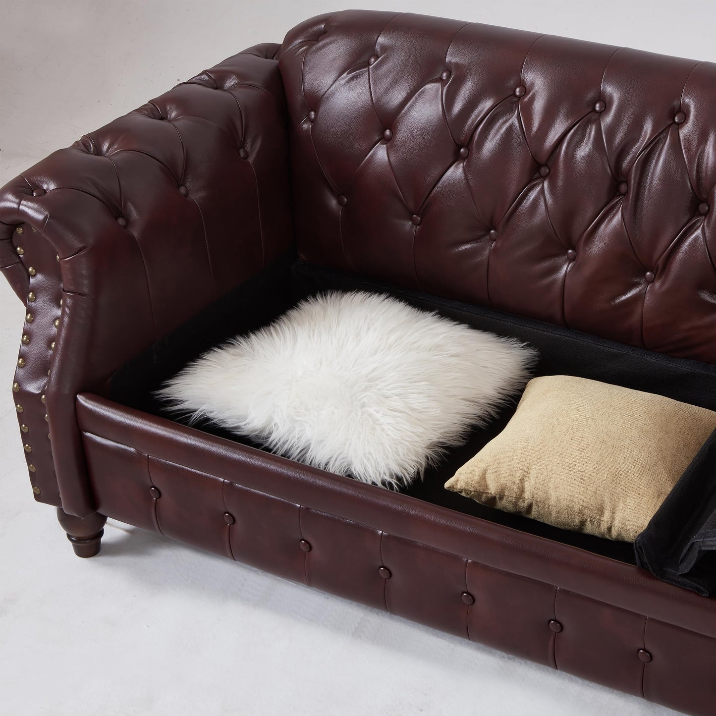 KEIKI 85.8" Chesterfield Sofa, Retro Style Upholstered with Storage Faux Leather PU Couch with Rolled Arm, Nailhead for Living Room Bedroom Office Apartment, Burgundy